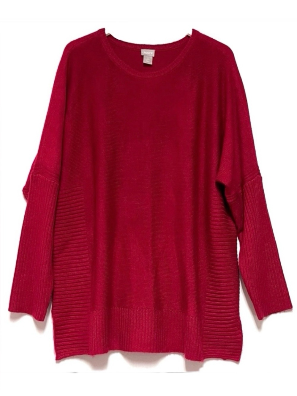 Chico’s Rib Detailed Pullover Sweater Size 3 XL Red Classic Tunic Cotton Blend